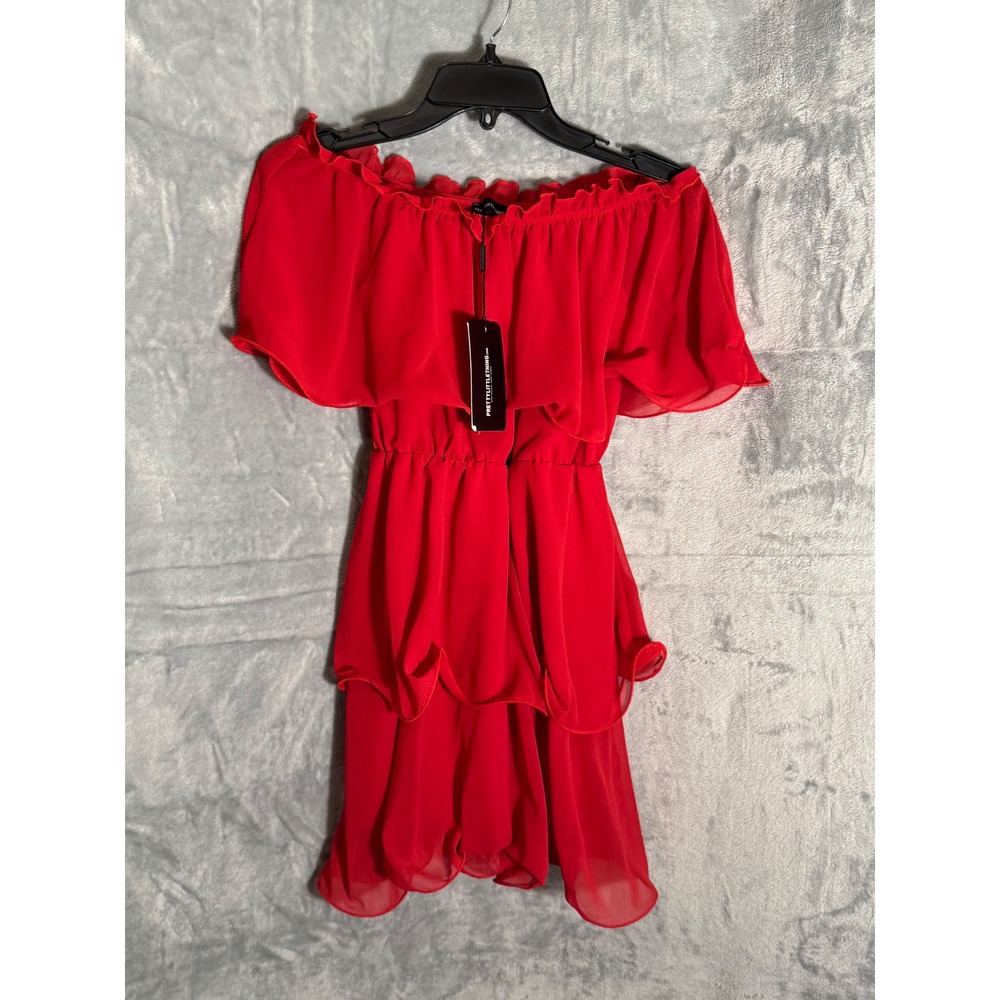 PrettyLittleThing Red Chiffon Bardot Ruffle Tiered Dress CLY2519/37/72 USA 0
